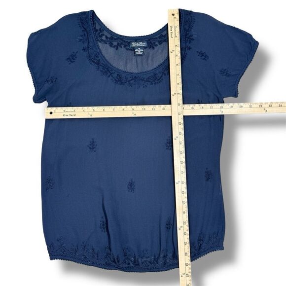 Lucky Brand Embroidered Sheer Chiffon Tee Shirt Navy Blue XS - Picture 10 of 11